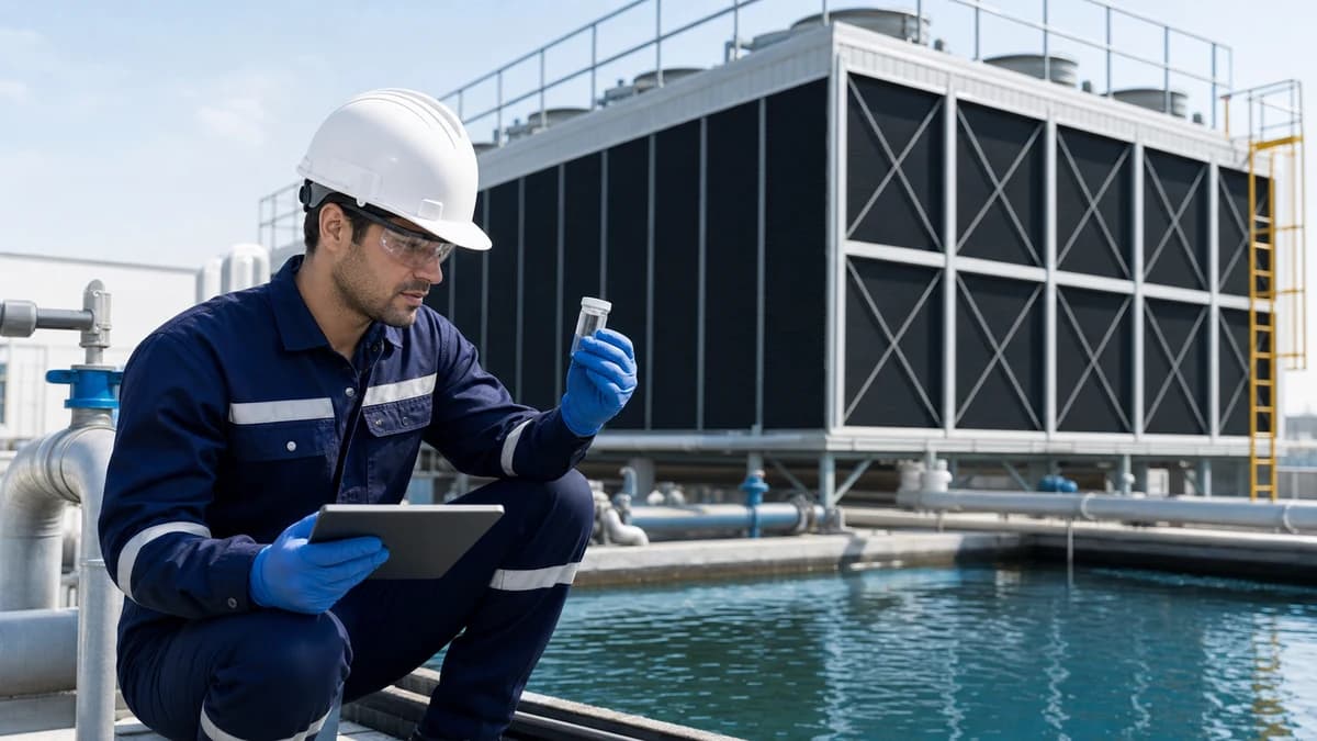 Plant technician inspecting water quality beside an operating cooling tower