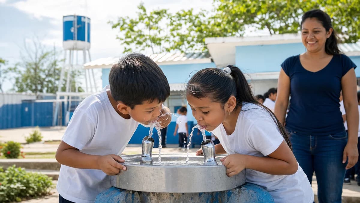 Children drinking clean water from a public fountain in a school courtyard