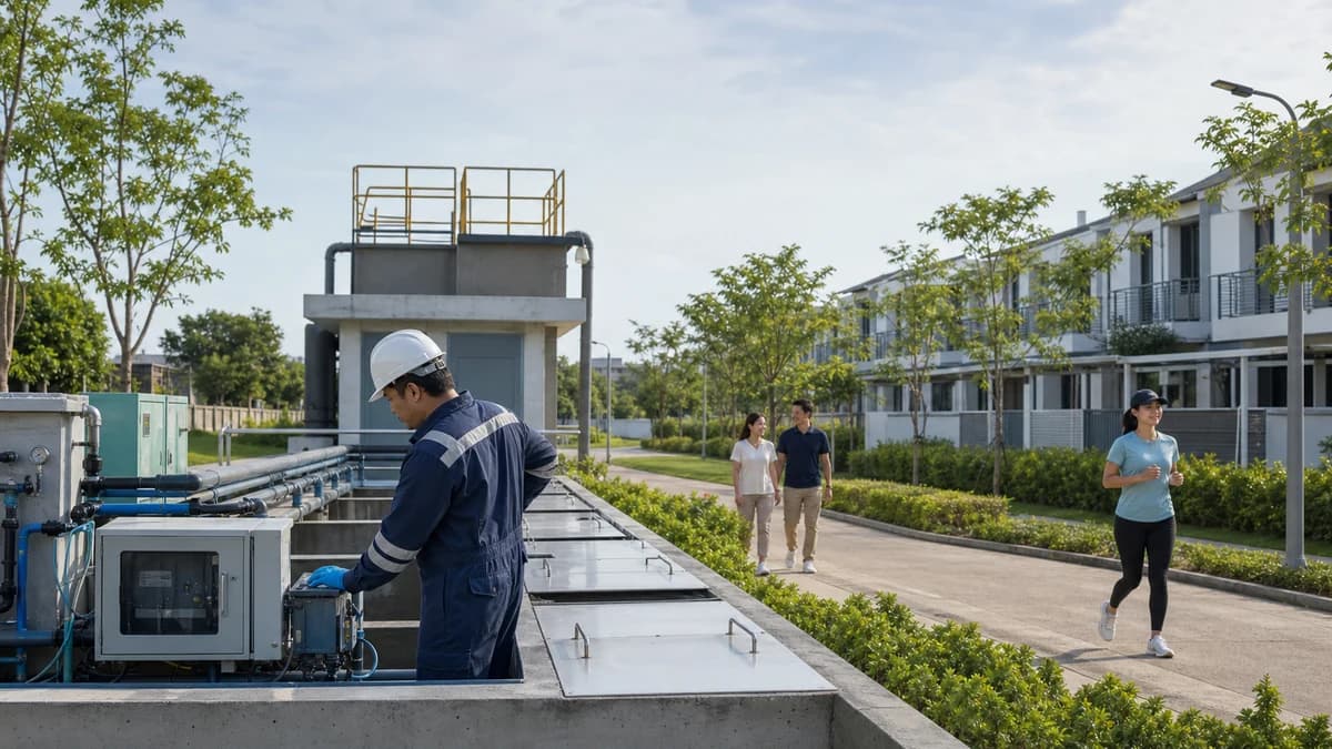 Technician inspecting covered treatment infrastructure near a comfortable facility walkway