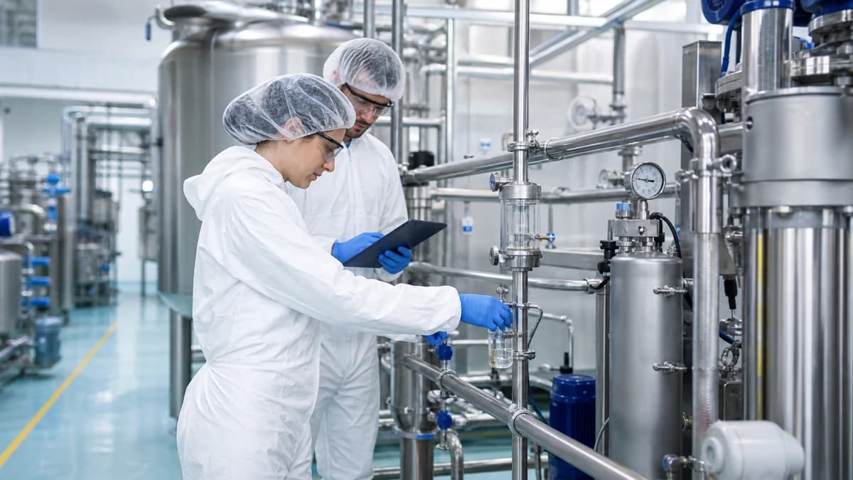 Operators checking a sanitized process water loop in a clean industrial room