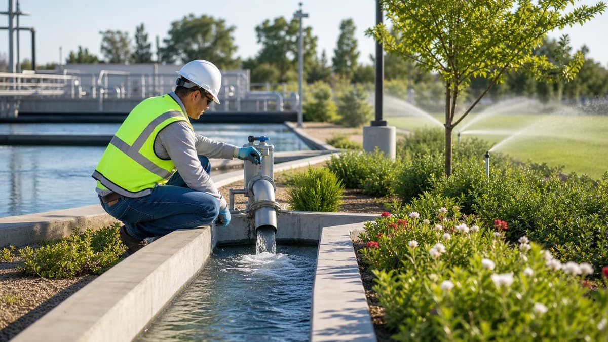 Technician checking treated water reuse beside landscaped irrigation